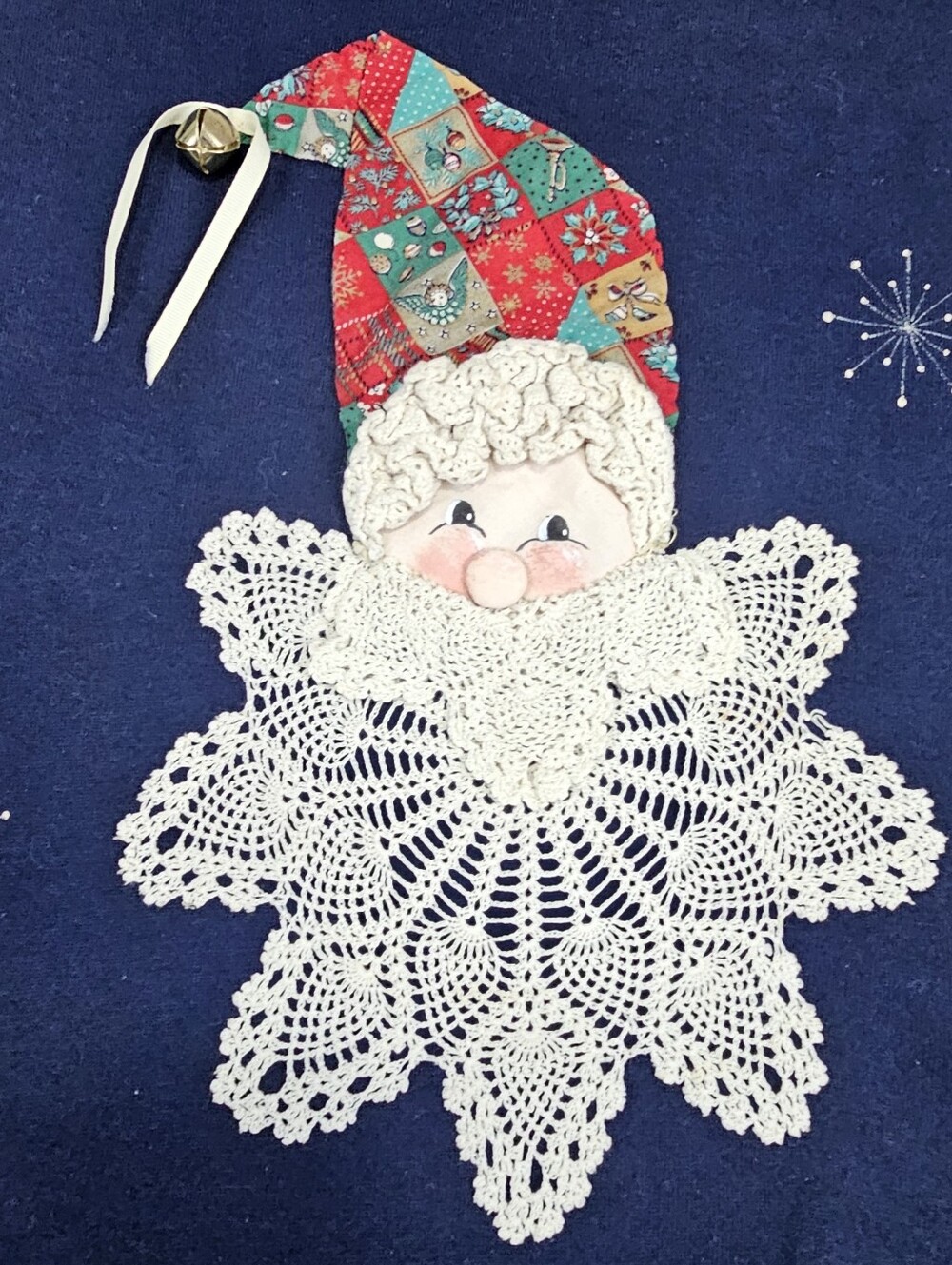 Vintage Christmas Elf Jingle Bell Lace Doiley Sweatshirt Jerzees Blue USA Made L
